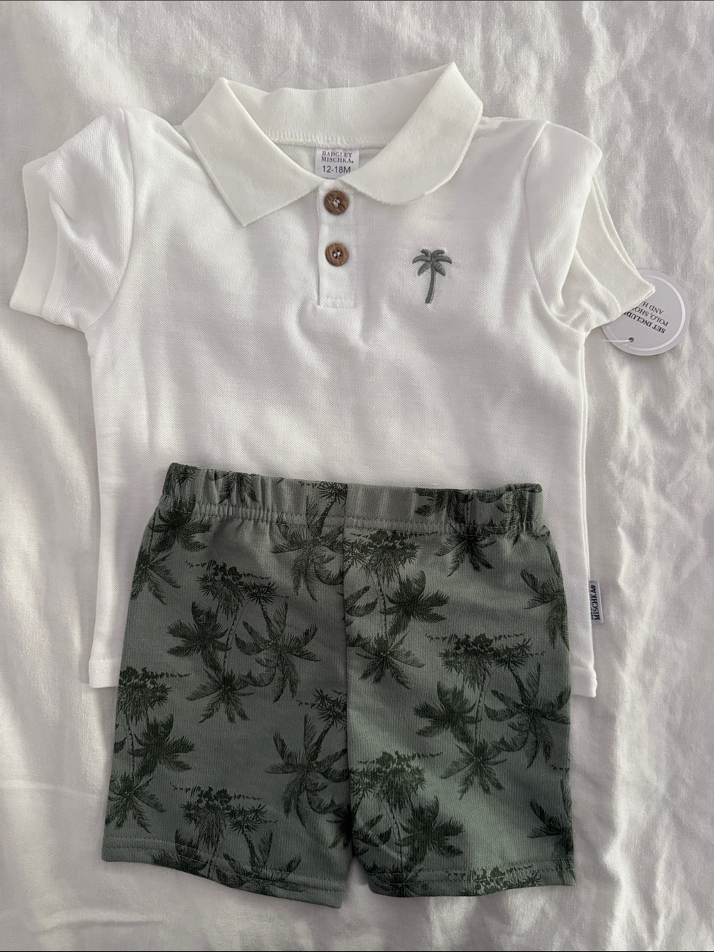 Badgley Mischka White Polo with Green Palm-Print Shorts